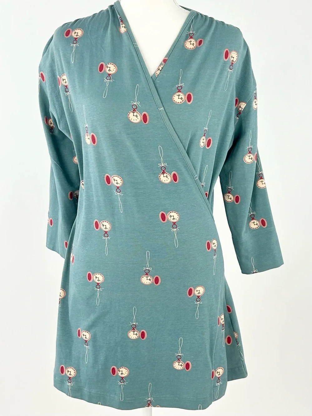 Effie’s Heart Pocket Watch Print Tunic Mini Dress M Teal Retro Cotton Stretch
